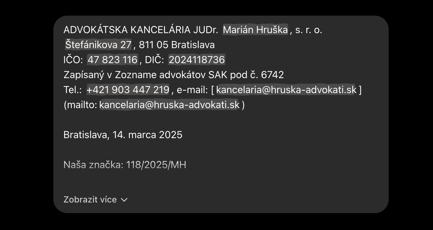 Odoslaná správa s vizuálne odlíšenými cenzúrovanými hodnotami