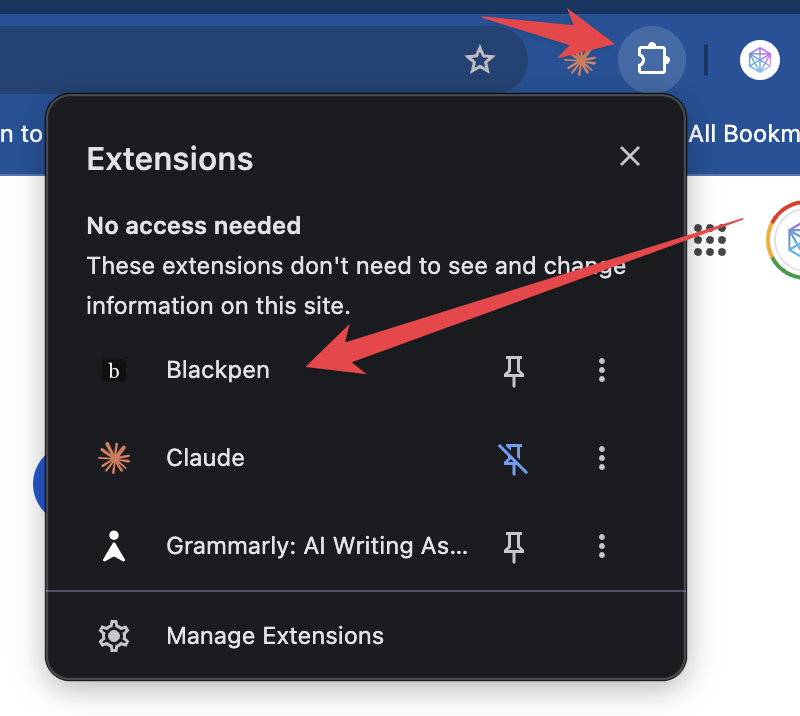 Zoznam rozšírení v Chrome s aktívnym rozšírením Blackpen