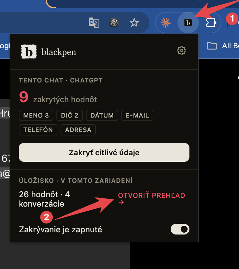 Ponuka Blackpen s prehľadom zakrytých hodnôt a odkazom Otvoriť prehľad