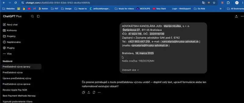 Konverzácia v ChatGPT s automaticky doplnenými hodnotami po znovunačítaní