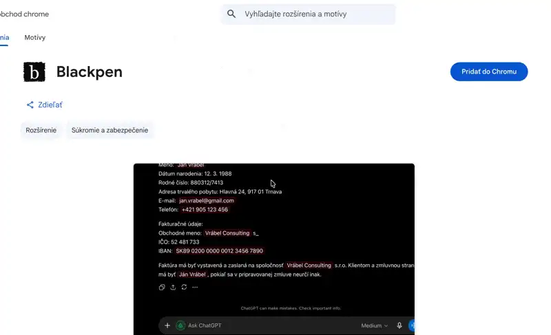 Stránka rozšírenia Blackpen v obchode Chrome Web Store
