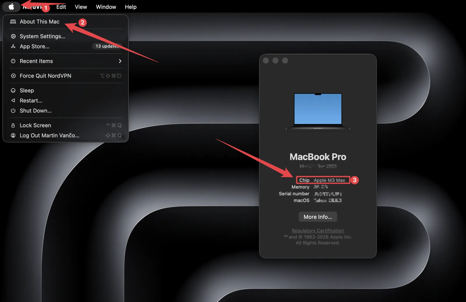 Ponuka Apple v ľavom hornom rohu, položka O tomto Macu a okno s riadkom Čip