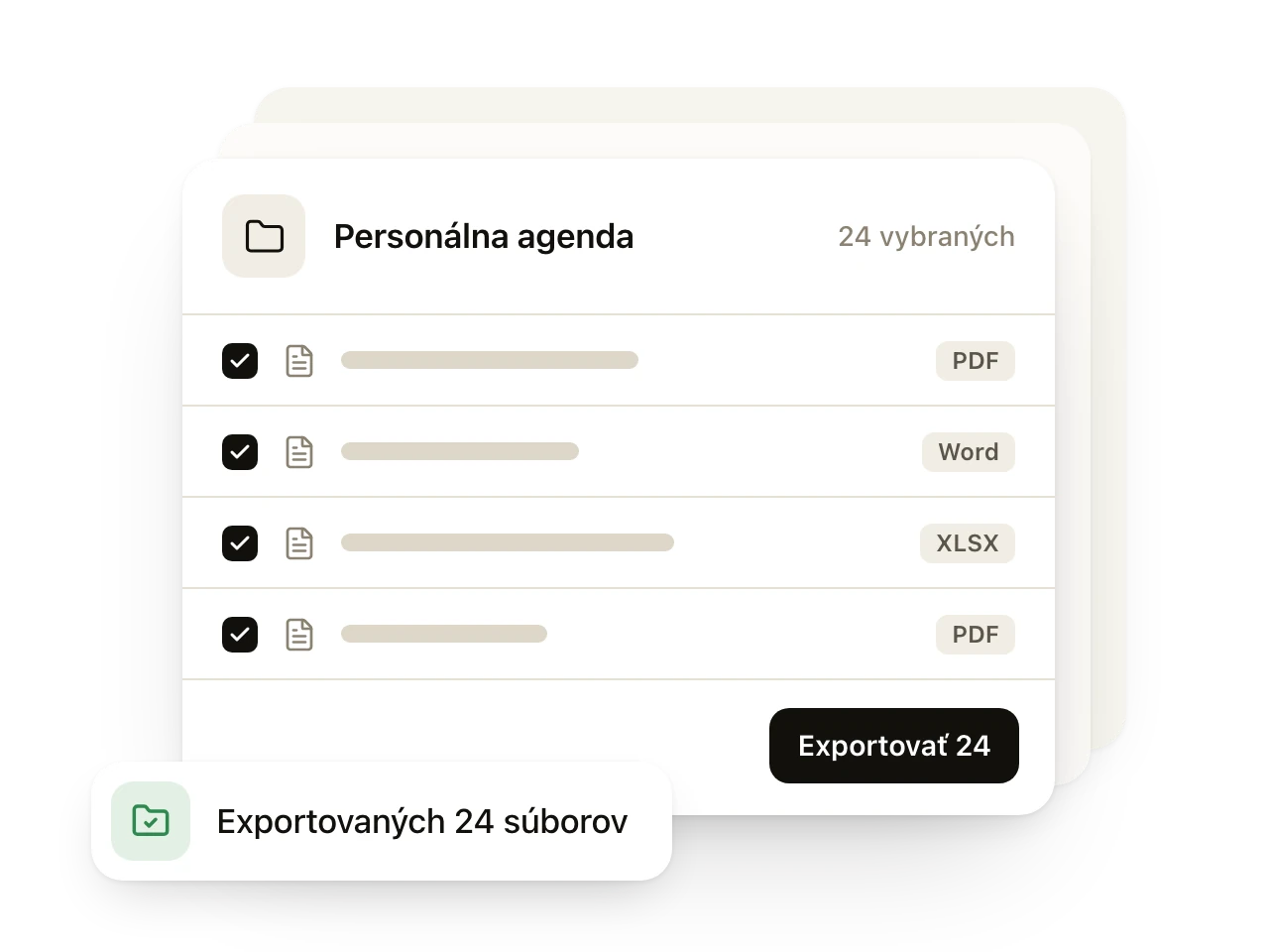 Export priečinka Personálna agenda: súbory vo formátoch PDF, Word a XLSX vybrané naraz a potvrdenie o exporte 24 súborov