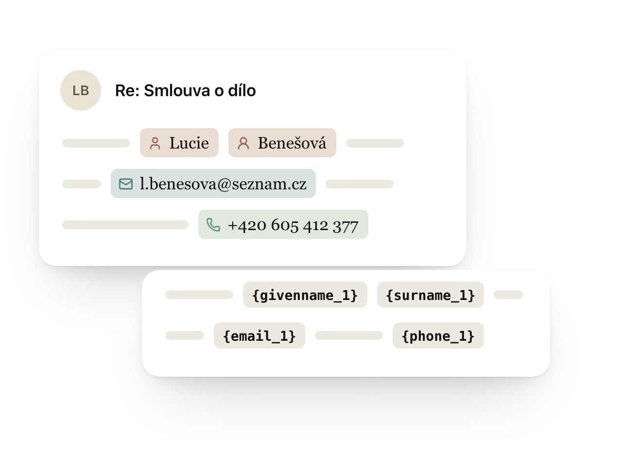 E-mail s označeným jménem, e-mailovou adresou a telefonem a tentýž text, ve kterém je nahradily značky {givenname_1}, {surname_1}, {email_1} a {phone_1}