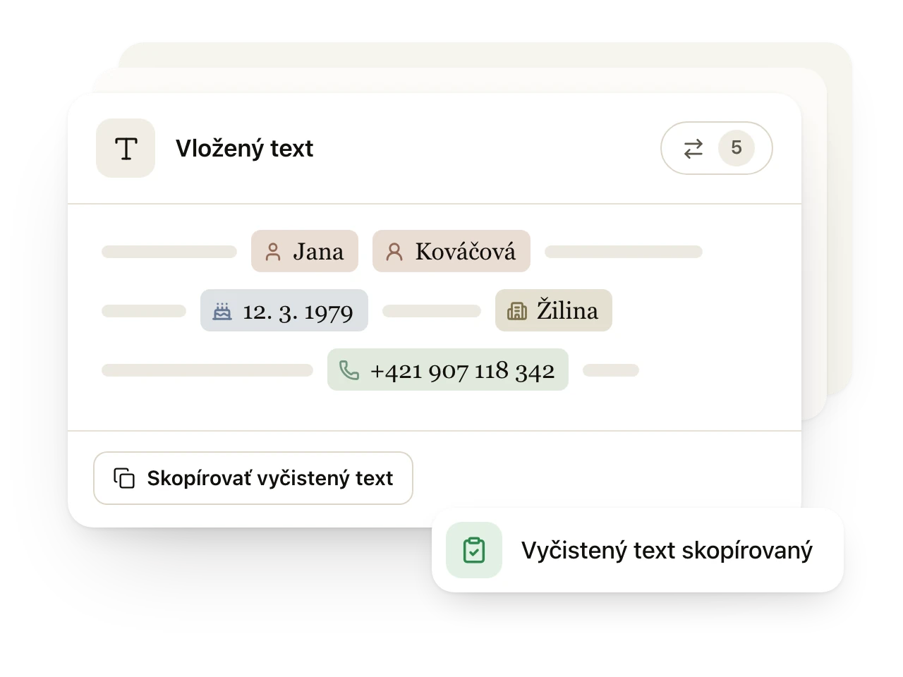Vložený text v aplikácii Blackpen s označeným menom, dátumom narodenia, mestom a telefónom a s oznámením, že vyčistený text je skopírovaný