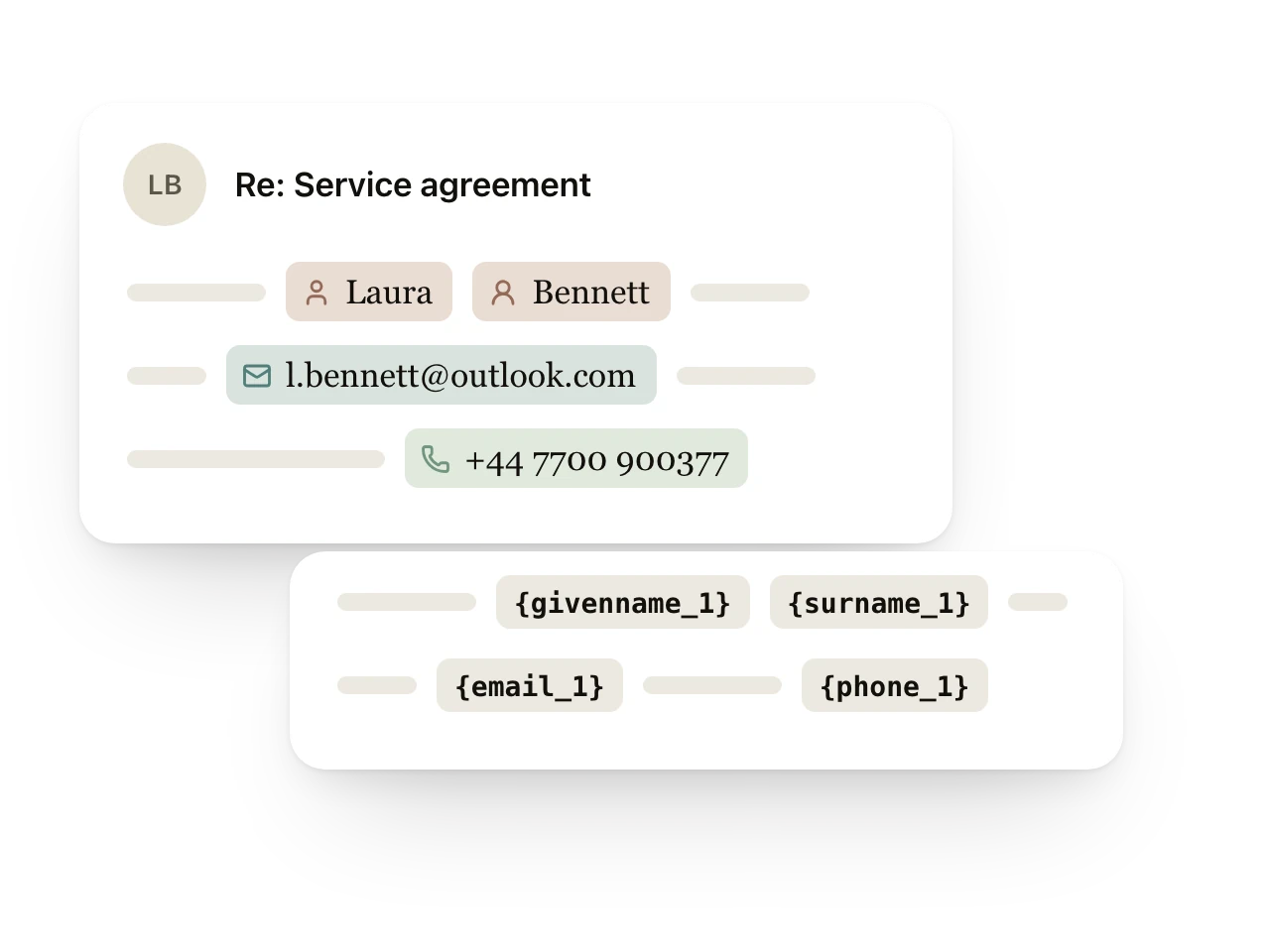 An email with a name, email address and phone number marked, and the same text with the tags {givenname_1}, {surname_1}, {email_1} and {phone_1} in their place