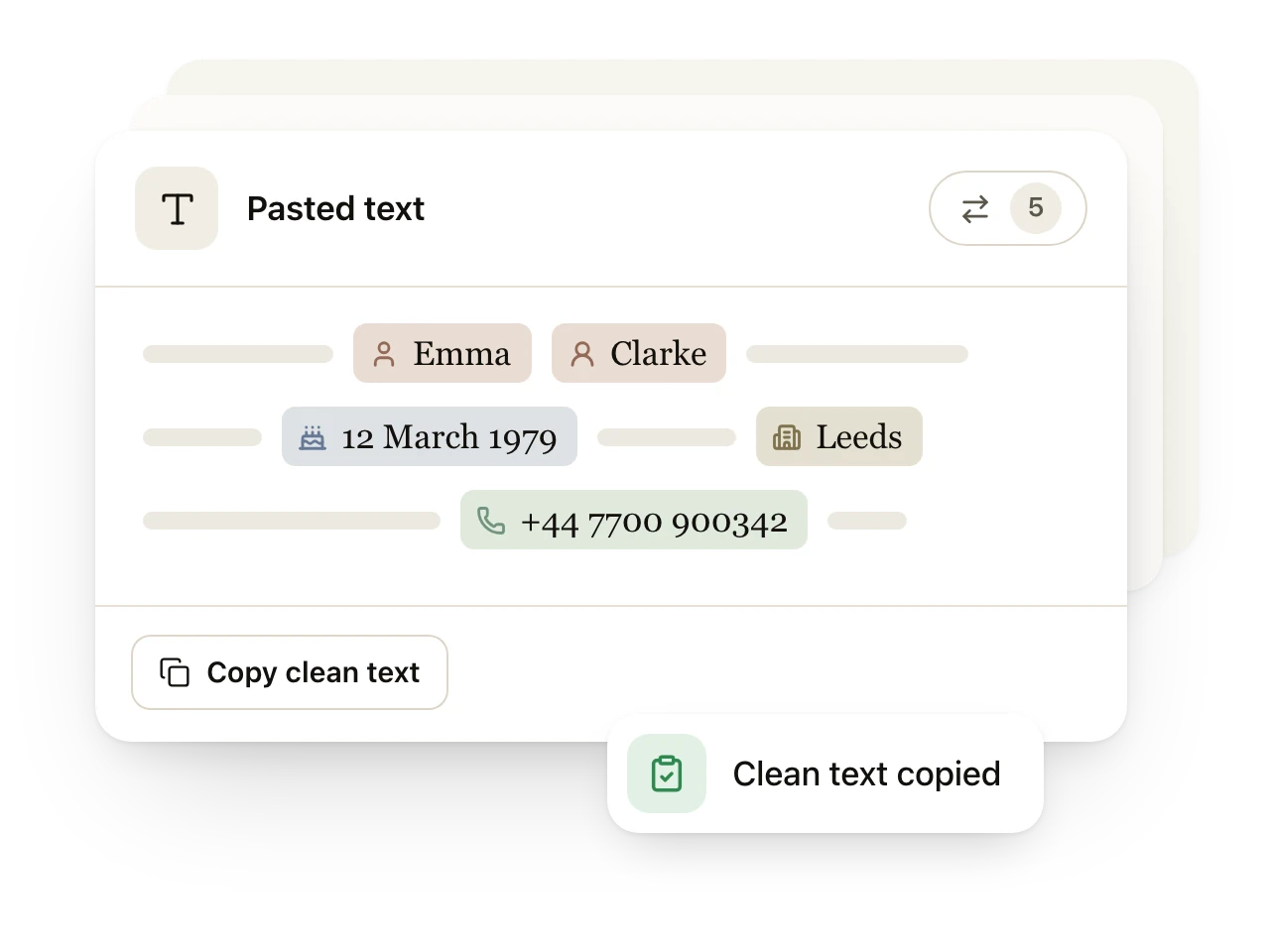 Pasted text in the Blackpen app with a name, date of birth, city and phone number marked, and a notice that the clean text has been copied