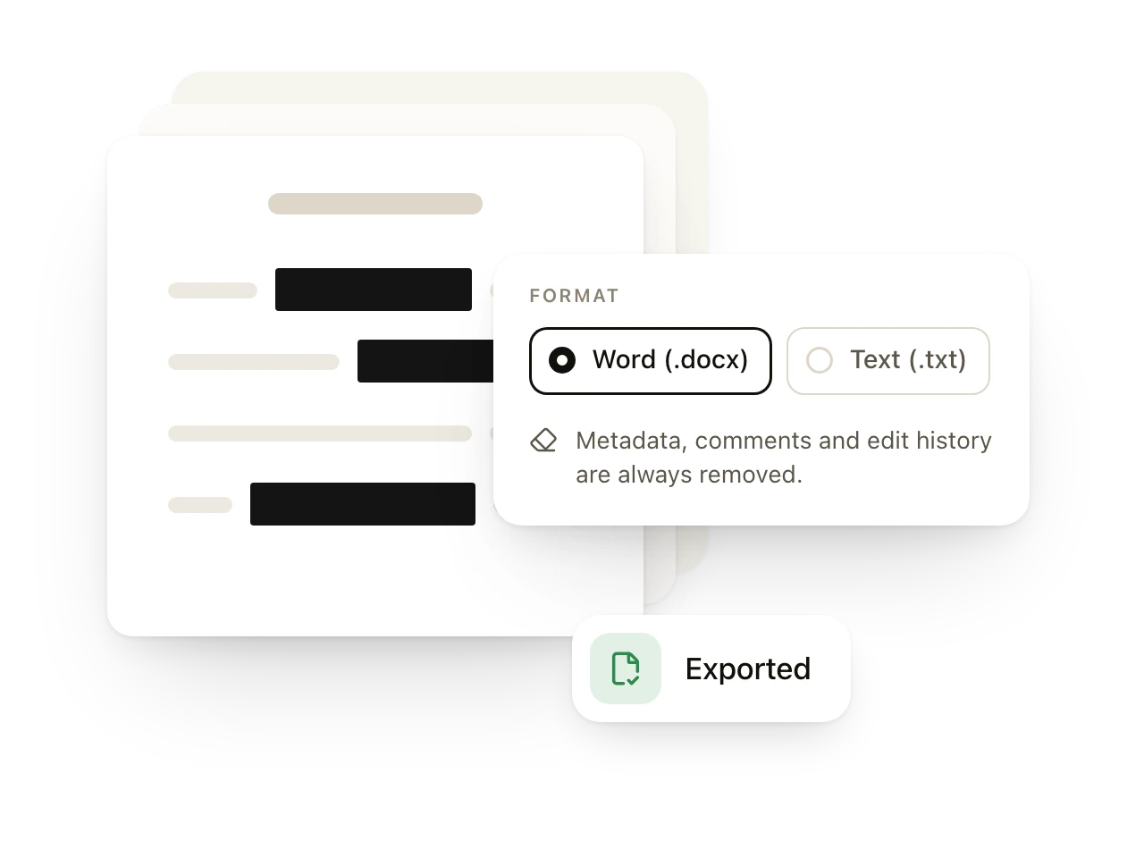 Exporting a Word document with covered data and a note that metadata, comments and edit history are always removed